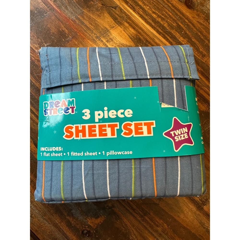 3‎ Piece Twin Sheet Set Microfiber Dream Street Blue Striped Kids Bedding NWT
